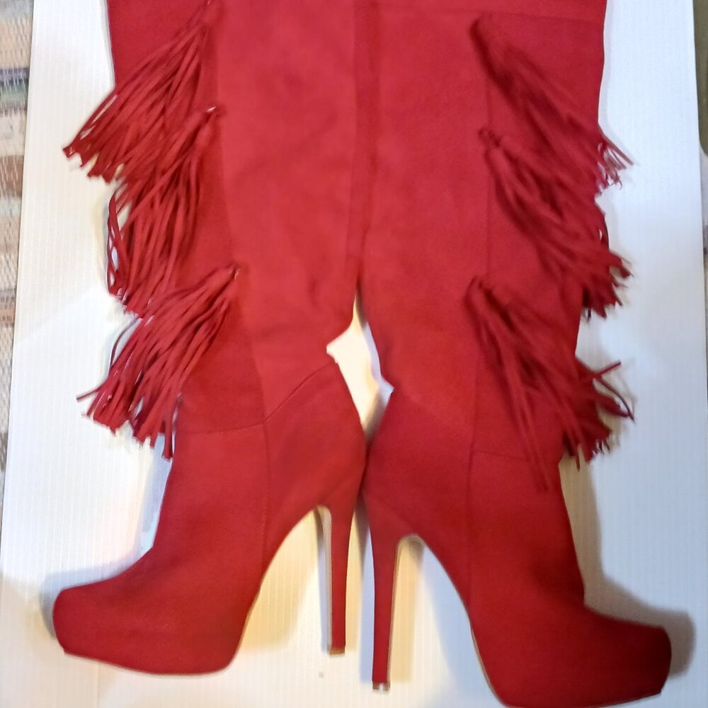 JustFab Red Kneehigh Fringe Boots